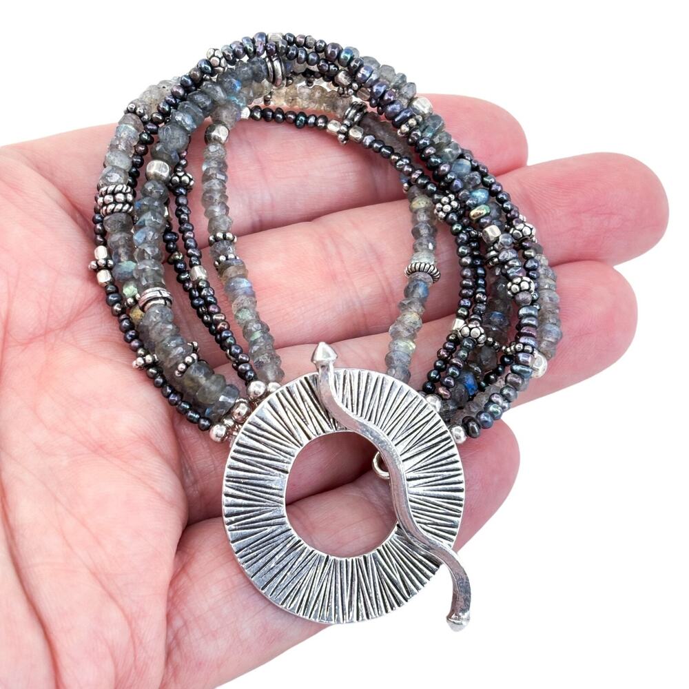 Vintage Sterling Silver 925 Labradorite Pearl Multi-Strand Bracelet 7"